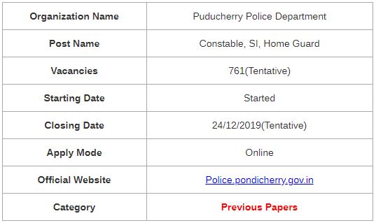Puducherry Police Constable Recruitment 2019